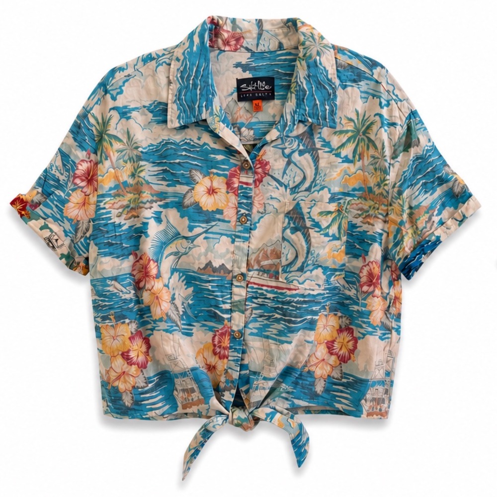 Salt Life Live Salty Womens XL Tropical Hawaiian Marlin Tie Front Shirt Blue
